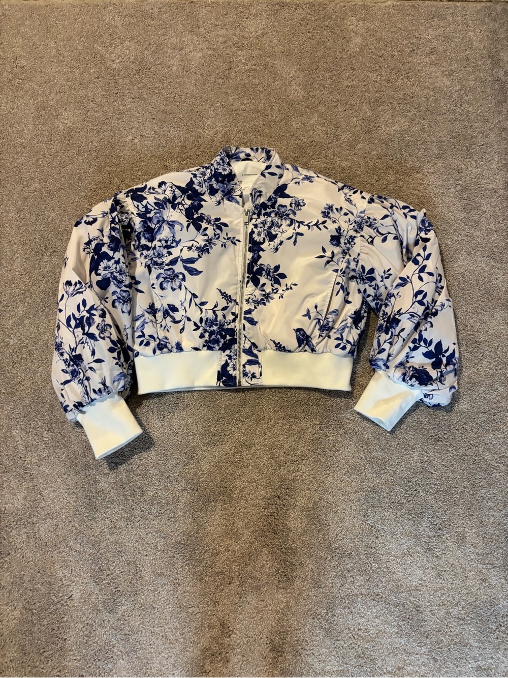 Anthropologie Cropped Blue Floral puff sleeve Bomber Jacket - Designer-Inspired